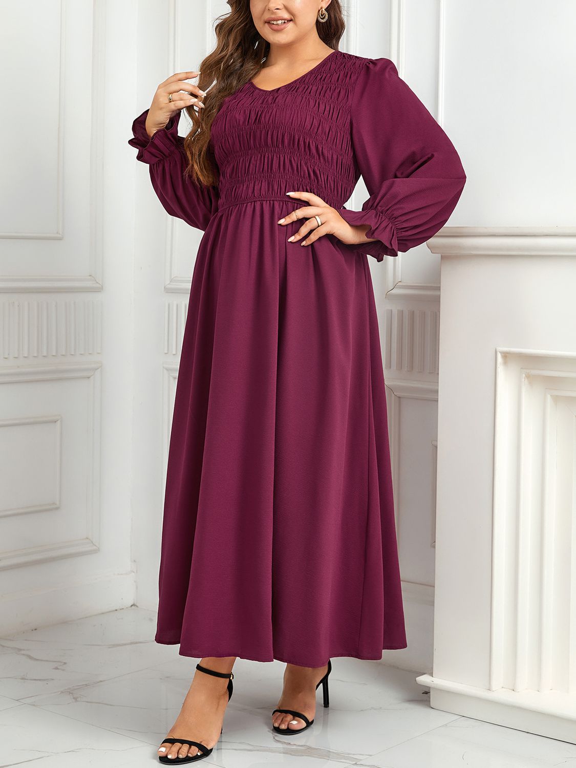 Plus Size Flounce Sleeve Smocked Maxi Dress-Jewearrings