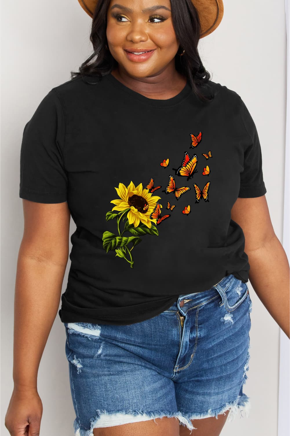 Simply Love Full Size Sunflower Butterfly Graphic Cotton Tee-Jewearrings