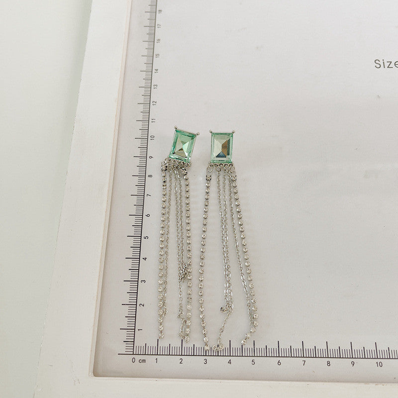 Design Tassel Mint Green Square Rhinestone Silver Pin Earrings-Jewearrings