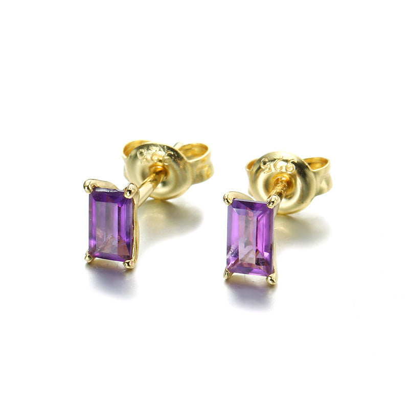 S925 Silver Square Amethyst Stud Earrings Women-Jewearrings