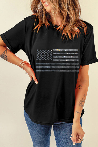 Rhinestone US Flag Round Neck Short Sleeve T-Shirt-Jewearrings