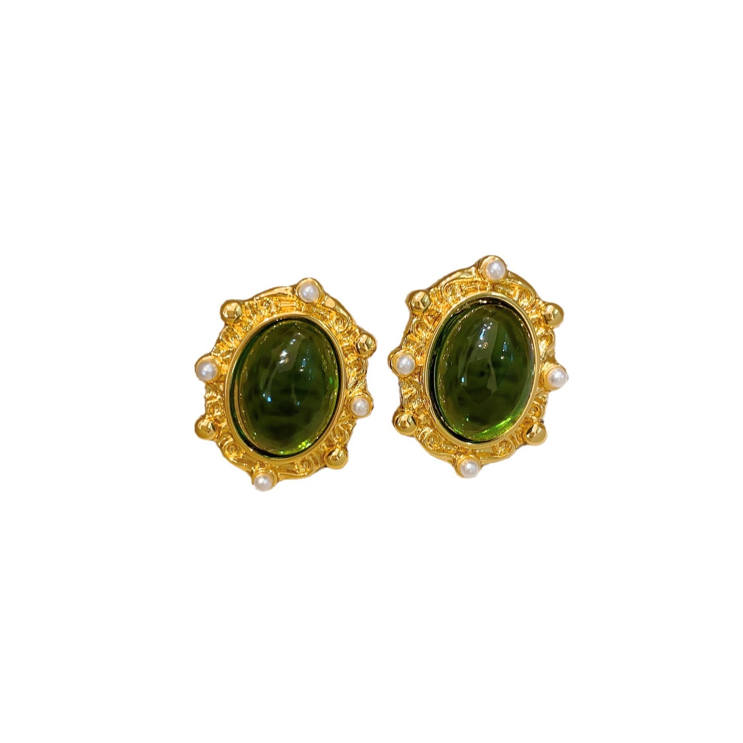 Vintage Ornament Gold Plated Grandmother Gemstone Green Glaze Earrings-Jewearrings