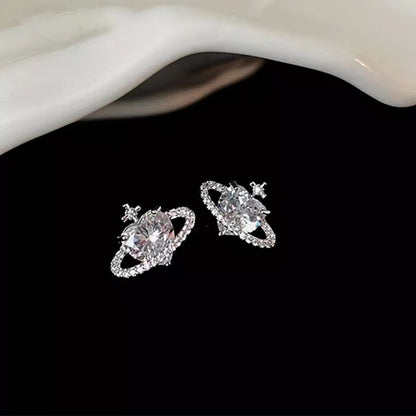 Sweet Cool Planet Loving Heart Zircon Stud Earrings High-grade Temperament Female-Jewearrings