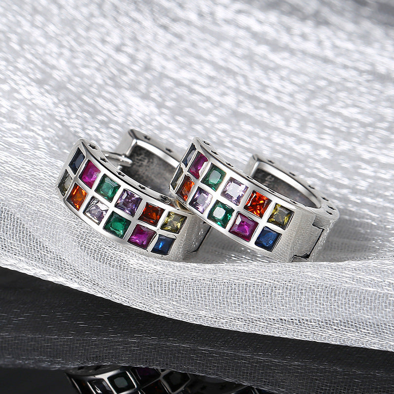 S925 Sterling Silver Fashion Colorful Rainbow Zircon Square Earrings-Jewearrings