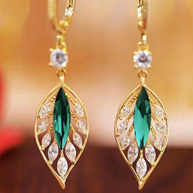 Shining Zircon Green Leaves Ear Clip Trendy Elegant Earrings-Jewearrings