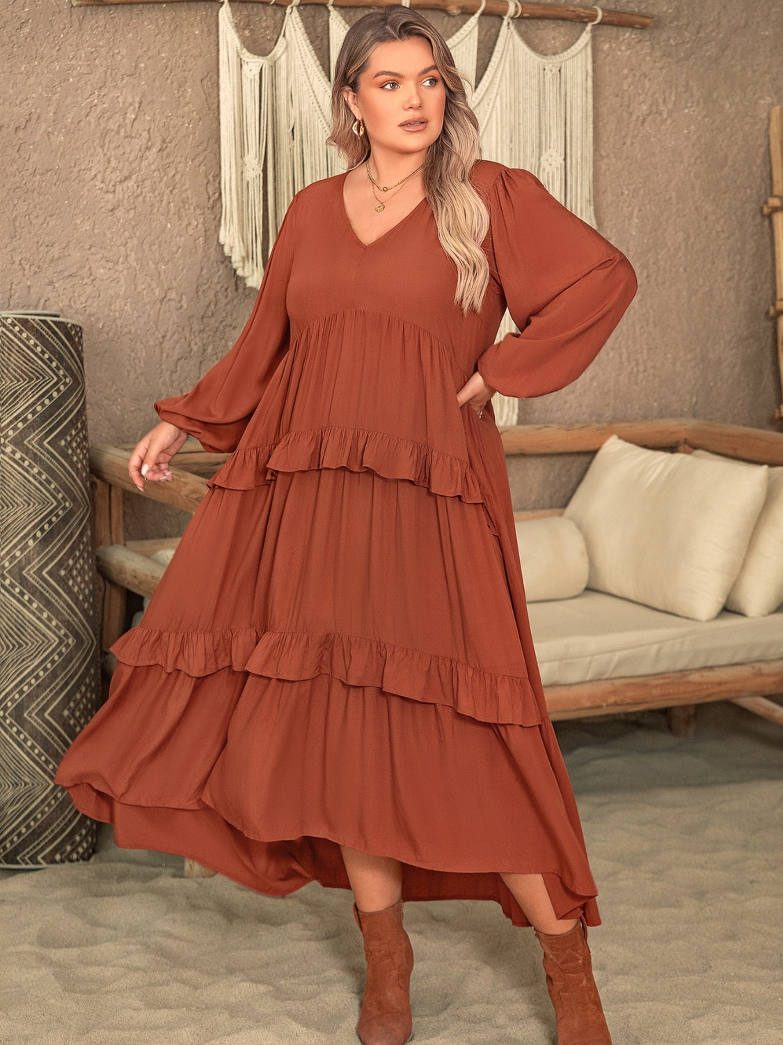 Plus Size Ruffled V-Neck Balloon Sleeve Dress-Jewearrings