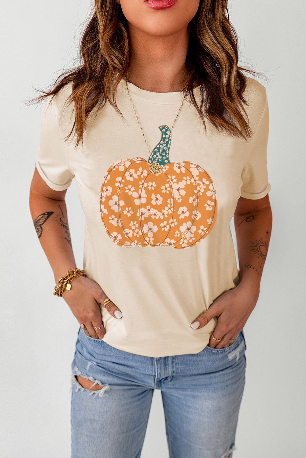 Pumpkin Graphic Round Neck Cuffed T-Shirt-Jewearrings