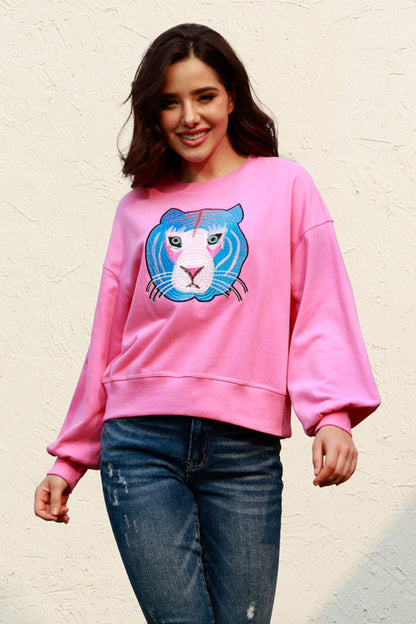 Tiger Embroidered Drop Shoulder Sweatshirt-Jewearrings