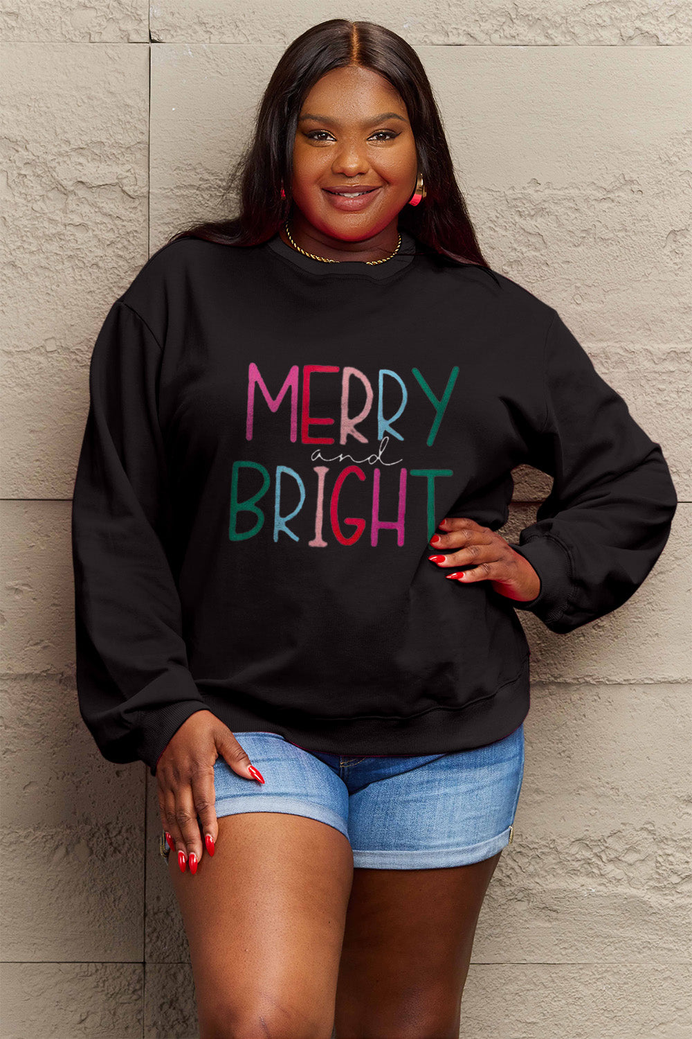 Simply Love Full Size MERRY AND BRIGHT Graphic Sweatshirt-Jewearrings