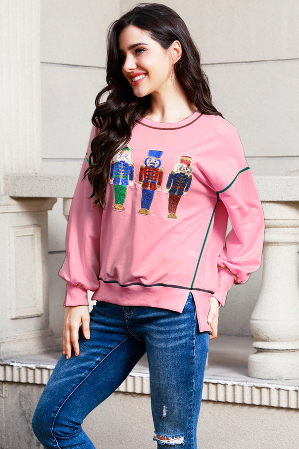 Sequin Nutcracker Round Neck Slit Sweatshirt-Jewearrings