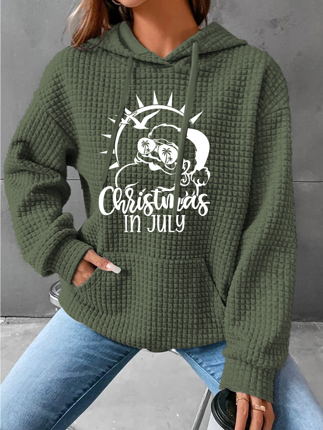 Full Size CHRISTMAS IN JULY Drawstring Long Sleeve Hoodie-Jewearrings