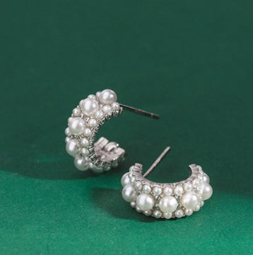 Vintage C- Shaped Gold-plated Zircon Pearl Earrings-Jewearrings