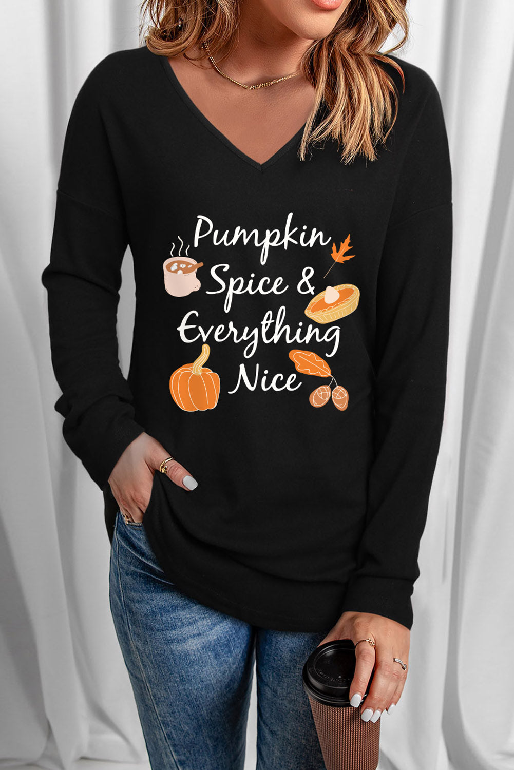 Fall Theme V-Neck Long Sleeve T-Shirt-Jewearrings