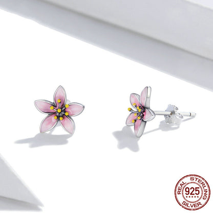 Fashion Cherry Blossom Sterling Silver S925 Stud Earrings Women's Oil Drops Flowers-Jewearrings