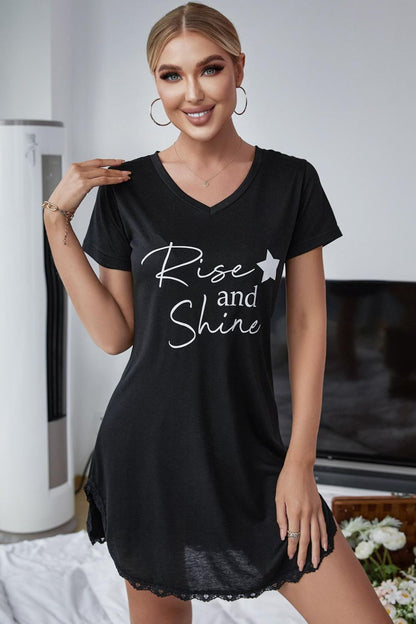 RISE AND SHINE Contrast Lace V-Neck T-Shirt Dress-Jewearrings