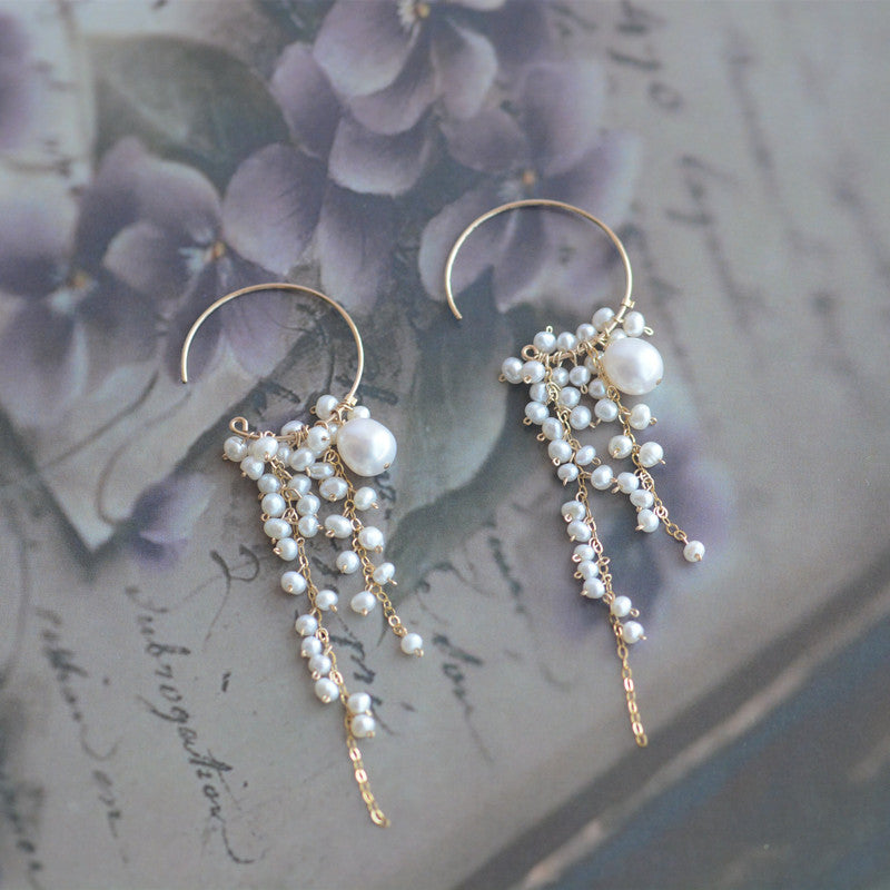 Round Wisteria Beaded Natural Water Pearl Earrings-Jewearrings