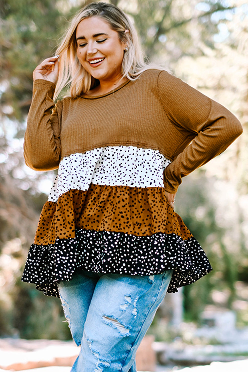 Plus Size Animal Print Color Block Ribbed Babydoll Top-Jewearrings