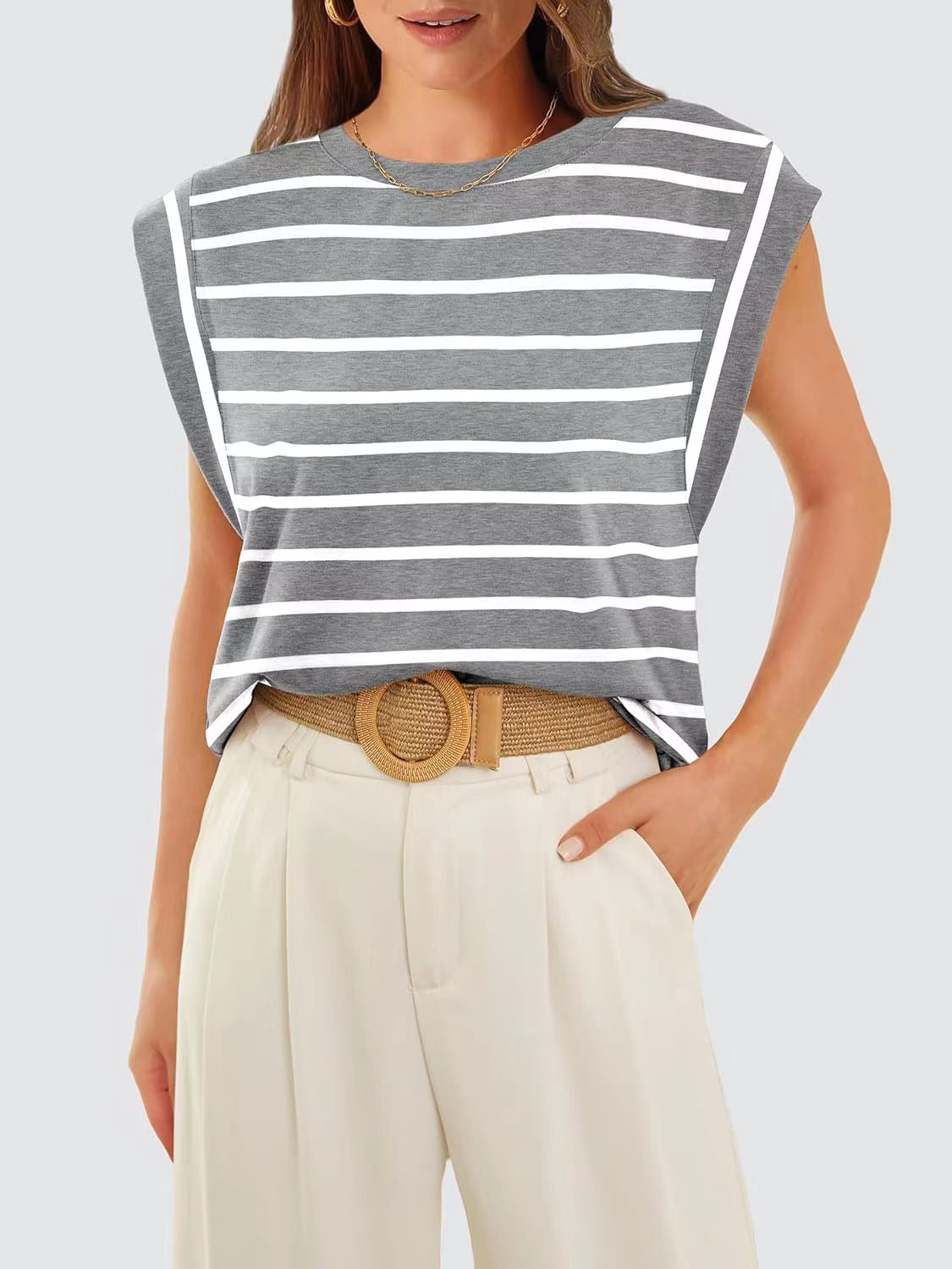 Striped Round Neck Cap Sleeve T-Shirt-Jewearrings