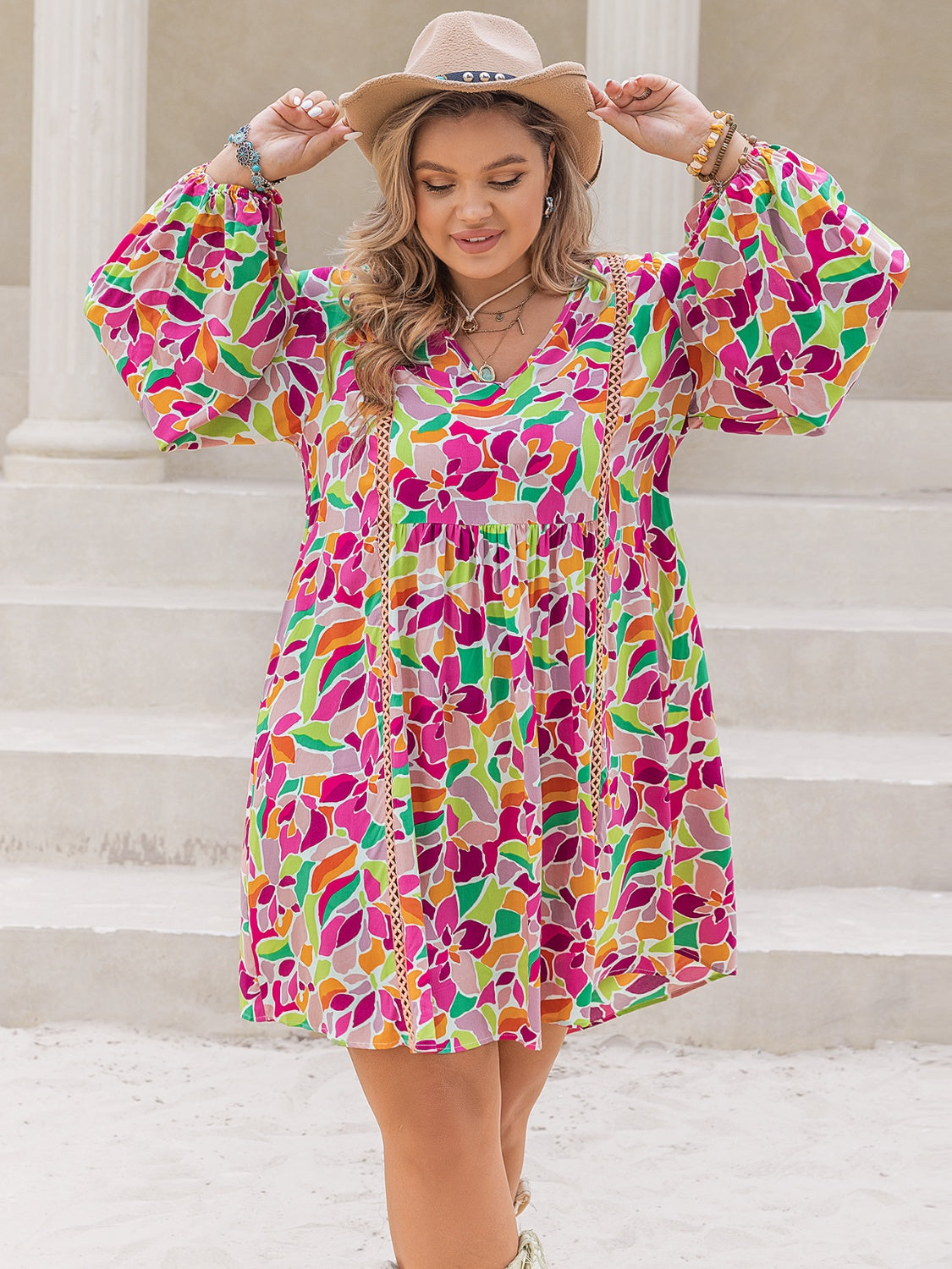 Plus Size Printed V-Neck Balloon Sleeve Mini Dress-Jewearrings