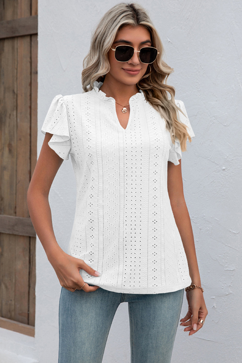 Eyelet Notched Flutter Sleeve T-Shirt-Jewearrings