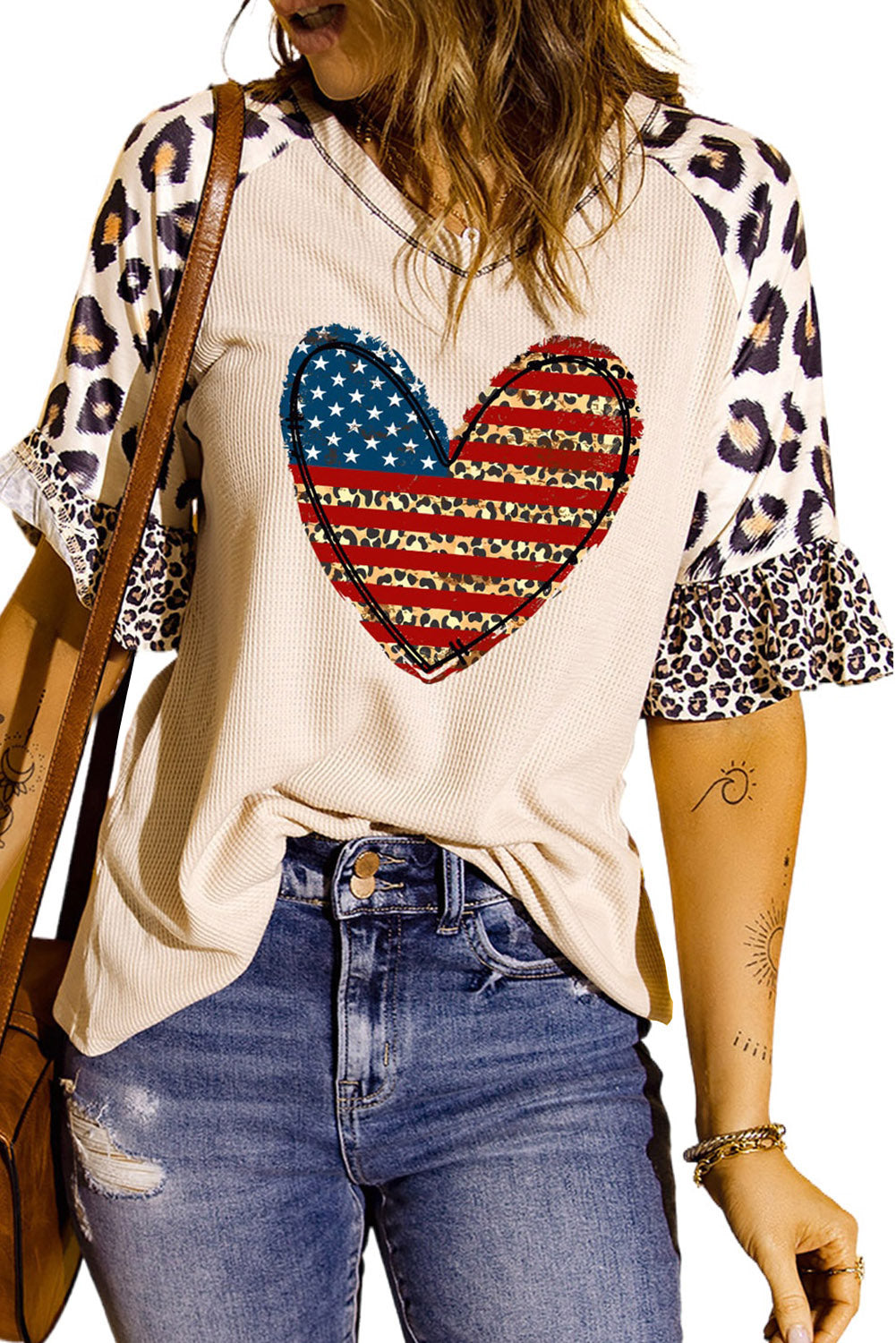 Star and Stripe Heart Graphic Leopard Top-Jewearrings