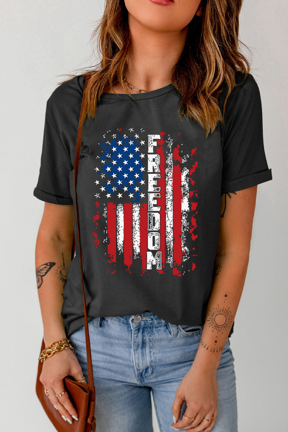 FREEDOM US Flag Graphic Round Neck Tee-Jewearrings