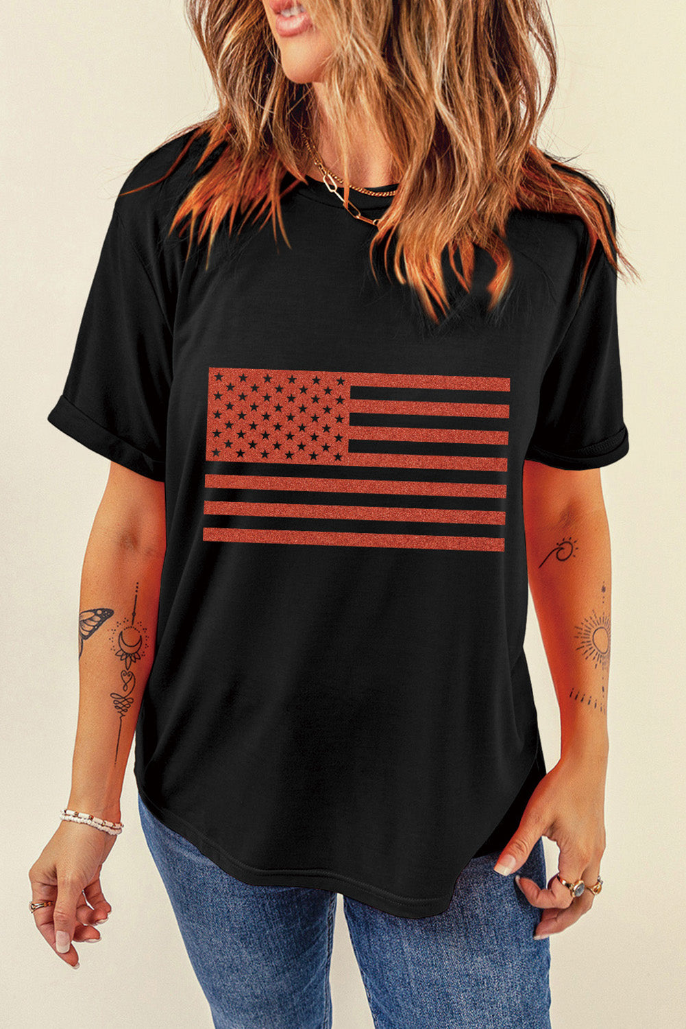 US Flag Round Neck Short Sleeve T-Shirt-Jewearrings