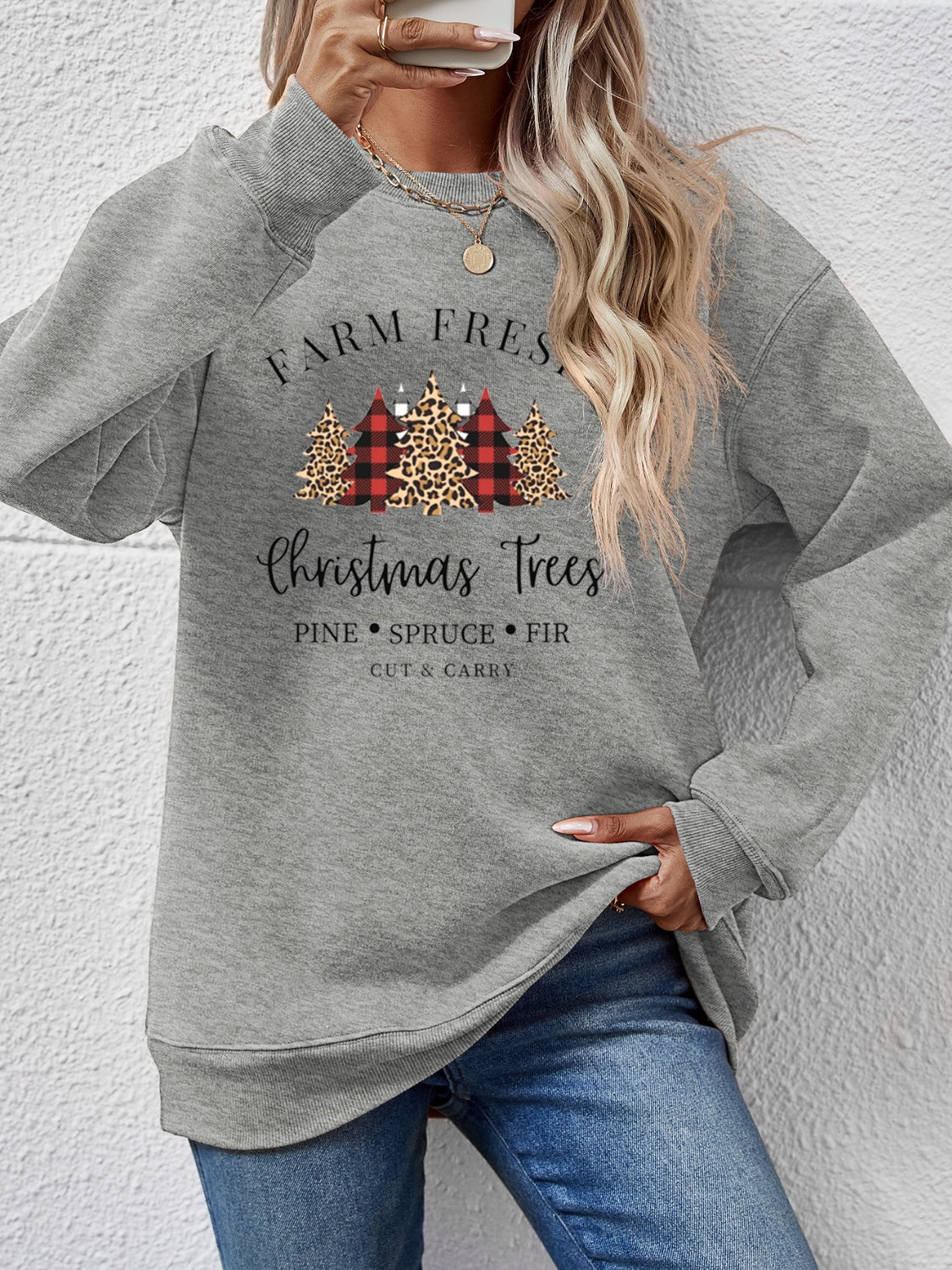 Graphic Round Neck Long Sleeve Sweatshirt-Jewearrings