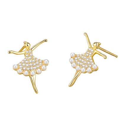 Women's Sterling Silver Needle Dancing Zircon Stud Earrings-Jewearrings