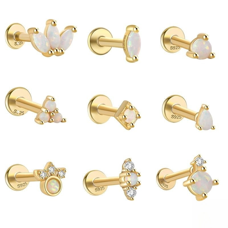 S925 Sterling Silver Opal Flat Head Internal Thread Piercing Cartilage Stud Earrings-Jewearrings