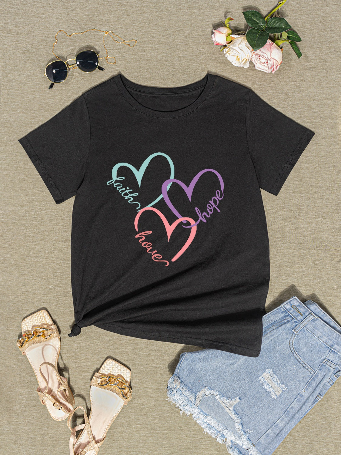 Heart Round Neck Short Sleeve T-Shirt-Jewearrings