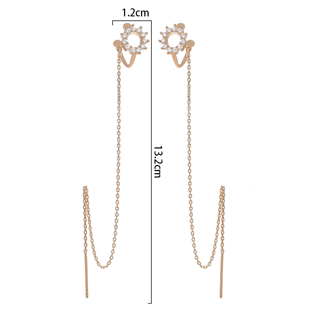 New Korean Super Fairy Ear Thread Female Fashion Personality Round Copper Micro Set Zircon Ear Studs Earbone Clip Chain Simple Style Long Earrings-Jewearrings