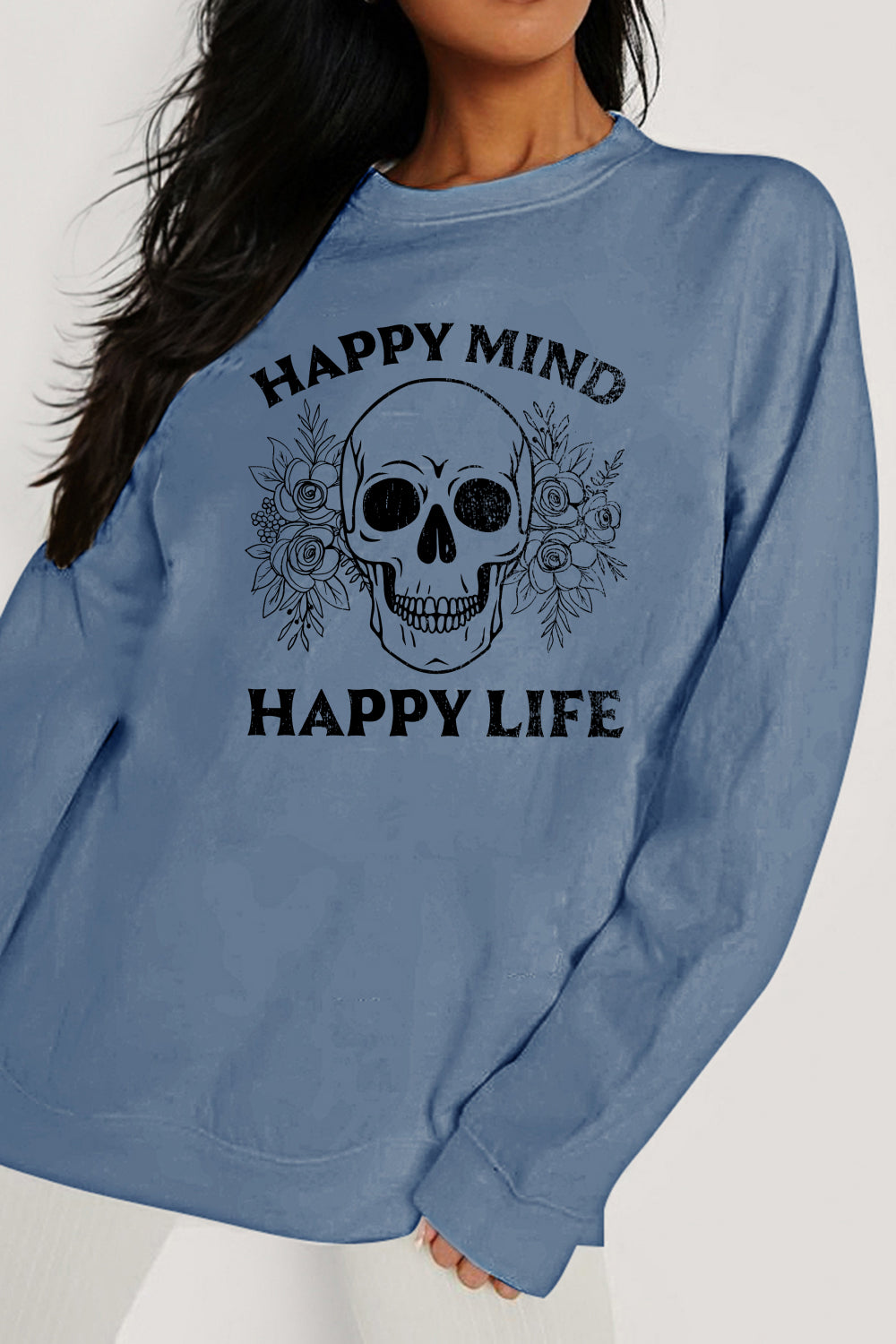 Simply Love Simply Love Full Size HAPPY MIND HAPPY LIFE SKULL Graphic Sweatshirt-Jewearrings