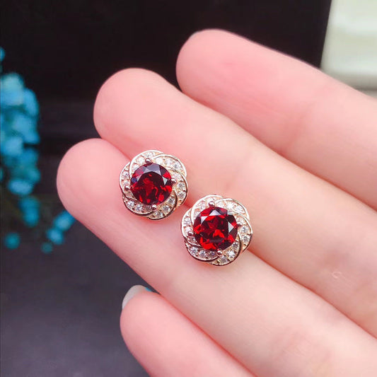 Garnet Stud Earrings 925 Silver Inlaid Colored Gems Jewelry-Jewearrings