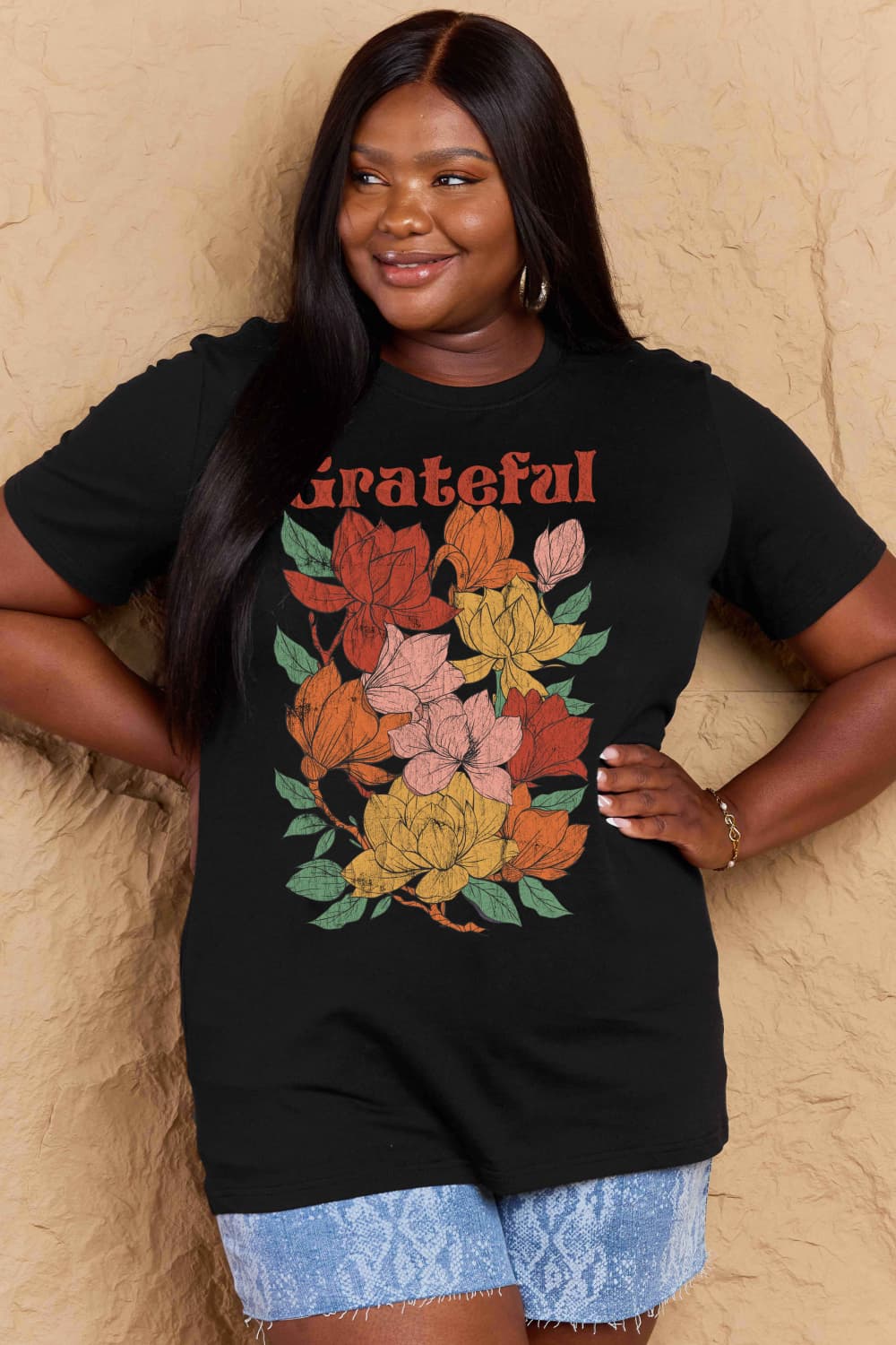 Simply Love Full Size GRATEFUL Flower Graphic Cotton T-Shirt-Jewearrings