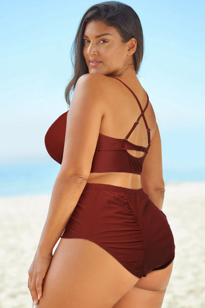 Full Size Halter Neck Crisscross Ruched Two-Piece Swimsuit-Jewearrings