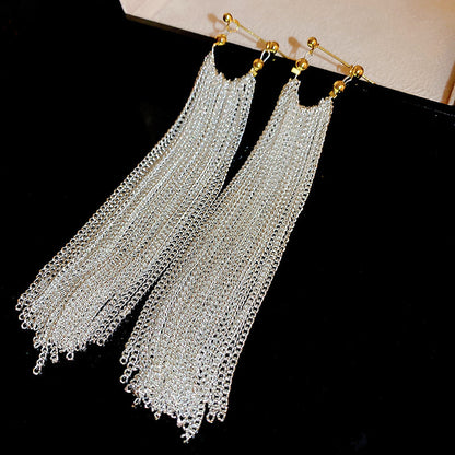 Retro Minority Medieval Silver Needle Metal Tassel Earrings-Jewearrings