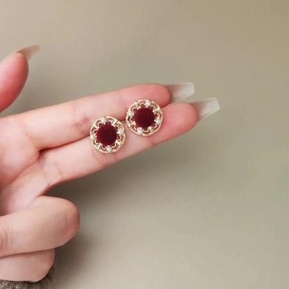 Sterling Silver Needle French Style Retro Exquisite Velvet Wine Red Stud Earrings Female Niche High Sense-Jewearrings