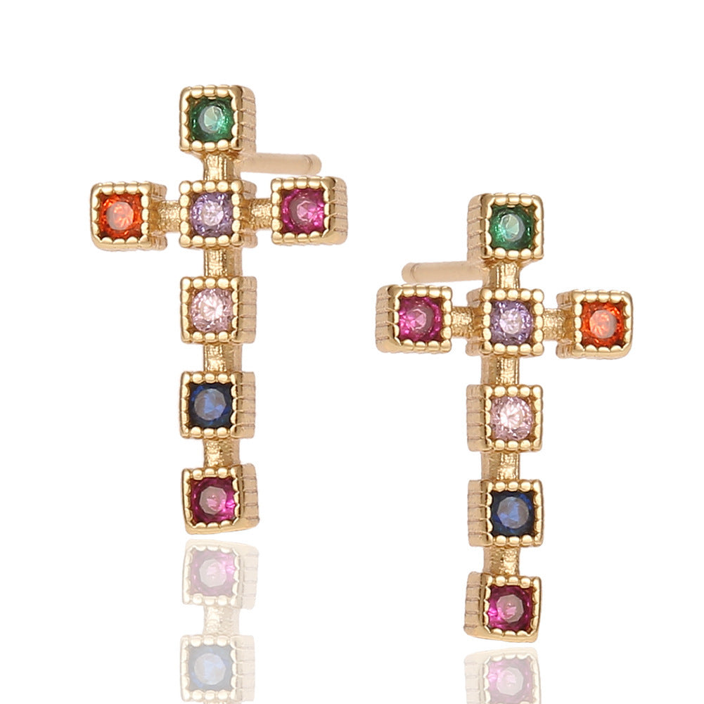 Women's Religious Ornament Copper Micro Inlaid Zircon Cross All-match Earrings-Jewearrings