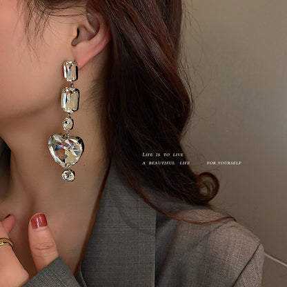 Silver Pin Rhinestone Love Earrings Exaggerate The Internet Celebrity Fashion-Jewearrings