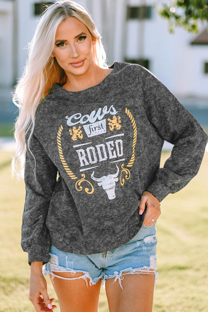 Mineral Washed COW'S FIRST RODEO Round Neck Raglan Sleeve Sweatshirt-Jewearrings