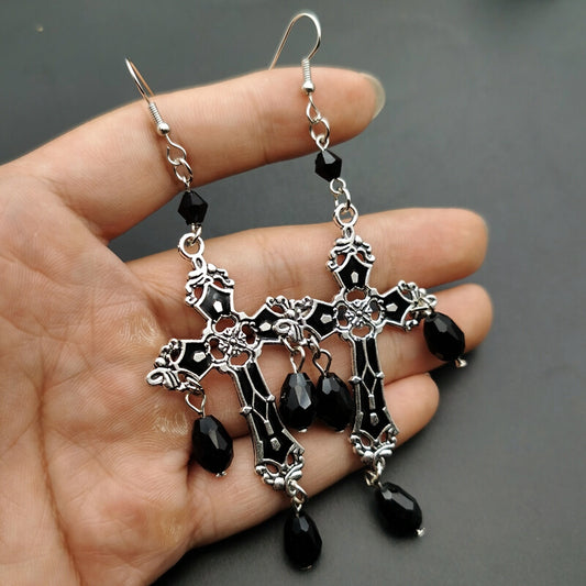 Gothic Black Cross Garnet And Crystal Chandelier Earrings La-Jewearrings