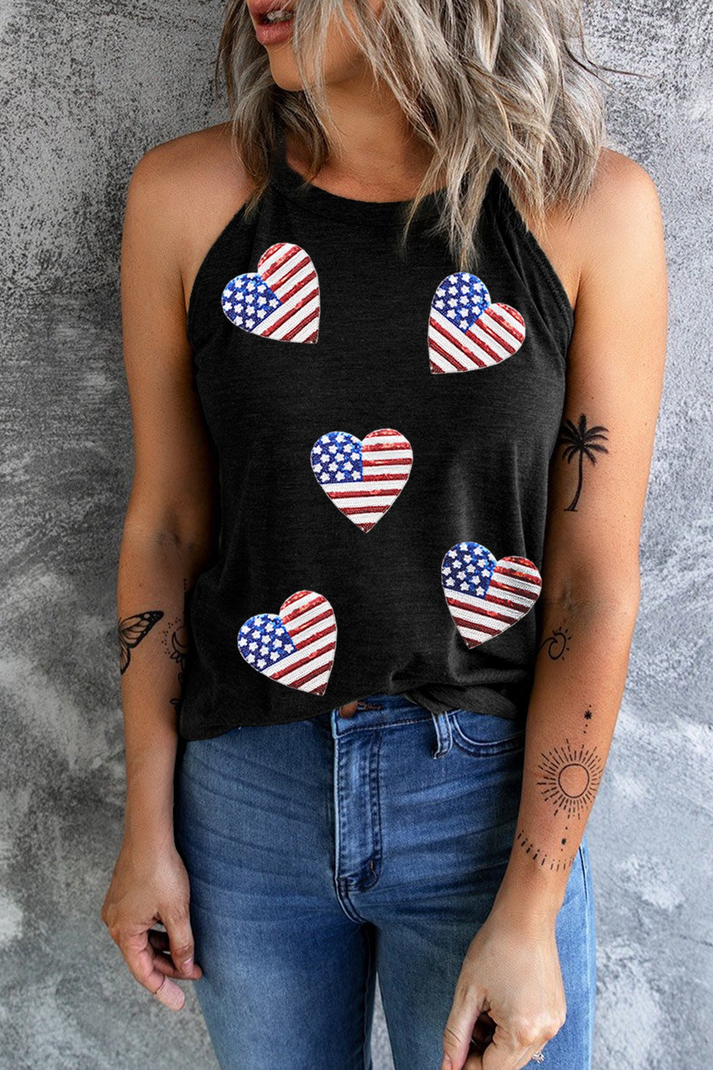 Heart US Flag Round Neck Grecian Neck Tank-Jewearrings