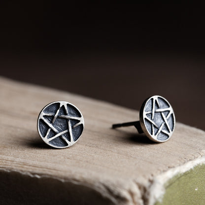 Sterling Silver Pentagram Vintage Personality Stud Earrings-Jewearrings