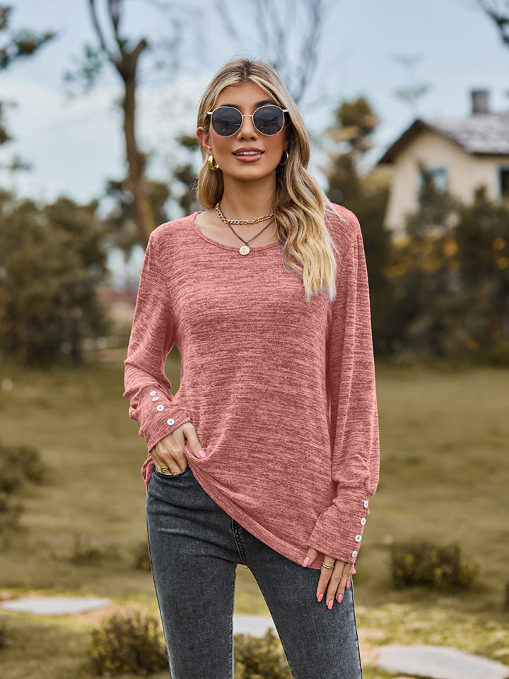 Round Neck Long Sleeve Buttoned T-Shirt-Jewearrings