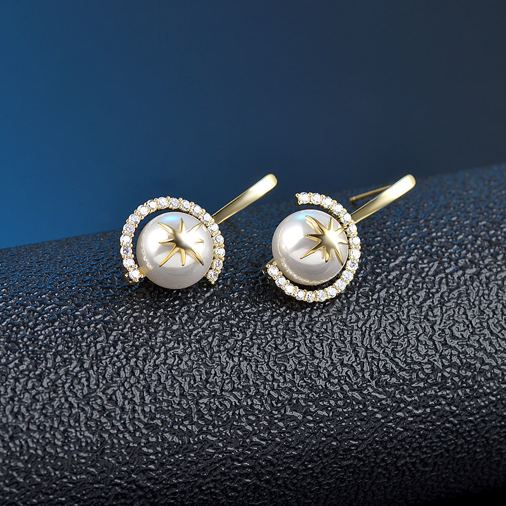 Temperament Pearl Earrings Female Creative Star Zircon Ear Jewelry-Jewearrings