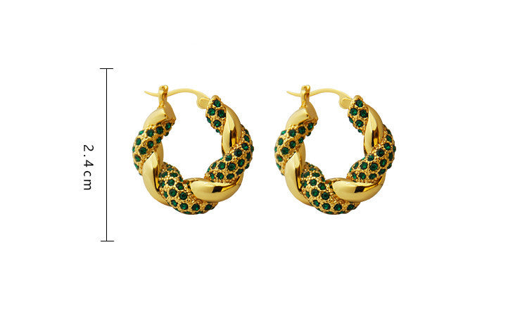 Twisted Twist Inlaid With Rhinestones And Gold-plated Green Circle Earrings-Jewearrings