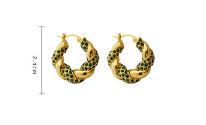 Twisted Twist Inlaid With Rhinestones And Gold-plated Green Circle Earrings-Jewearrings