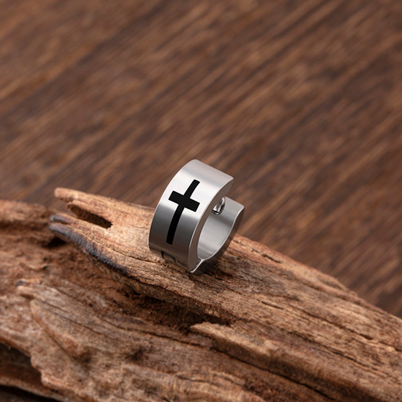 Black Silver Stainless Steel Cross Stud Earrings For Men-Jewearrings