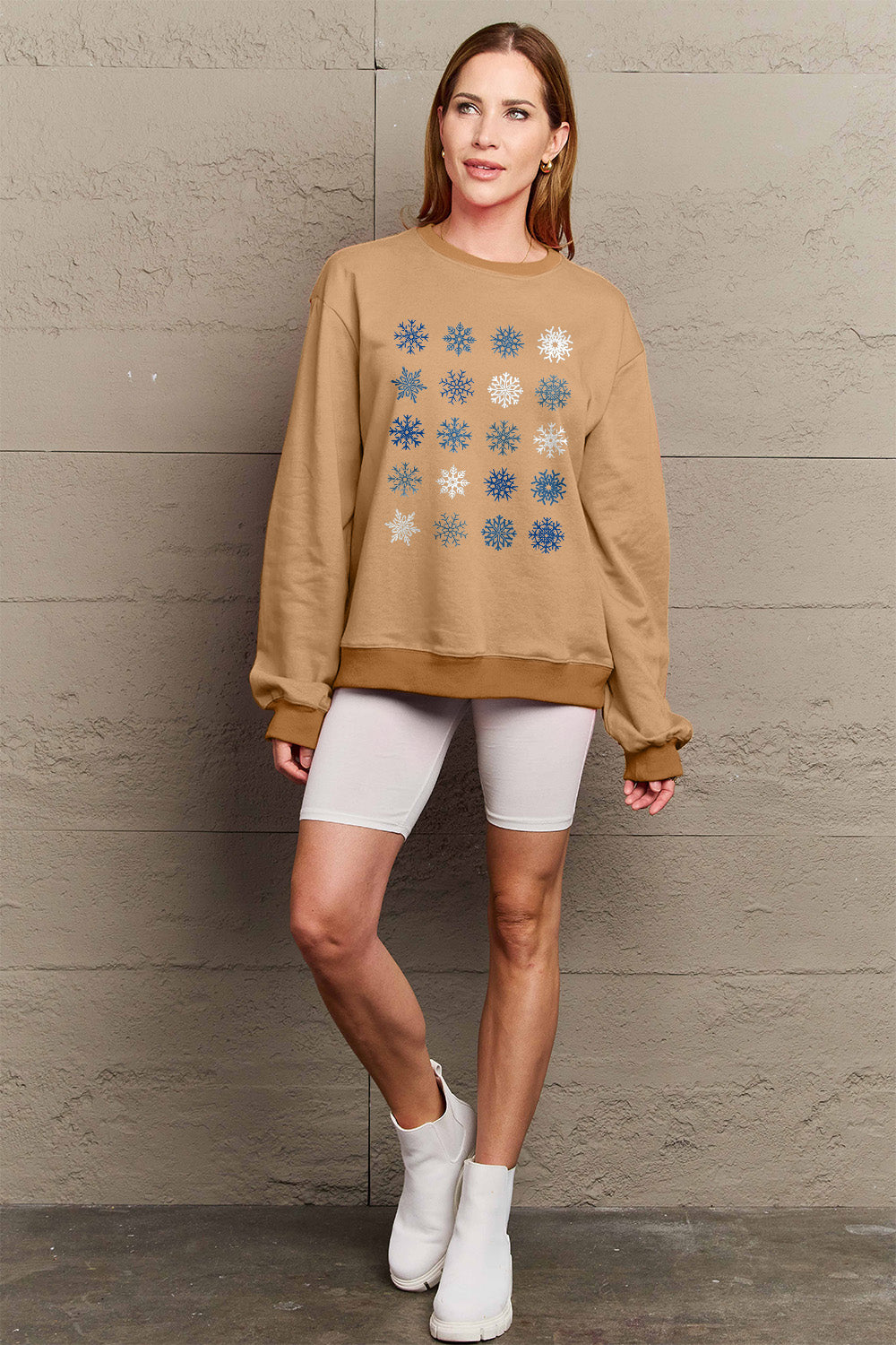 Simply Love Full Size Snowflakes Round Neck Sweatshirt-Jewearrings